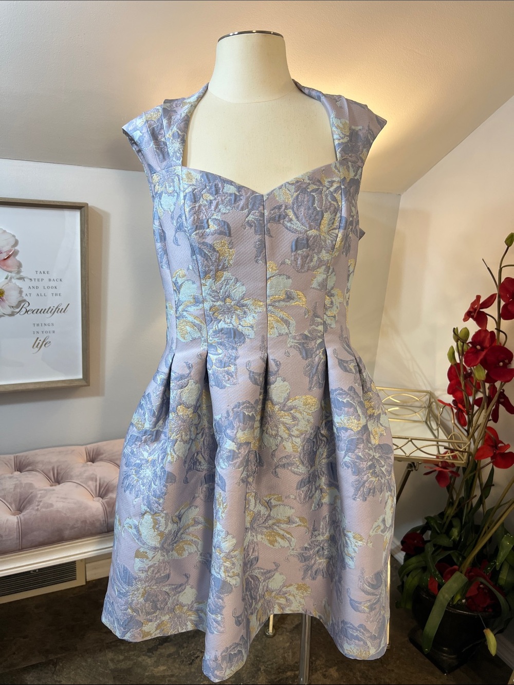 Vince Camuto Floral Jacquard Fit & Flare Cocktail Dress Lavender Gold Size 14